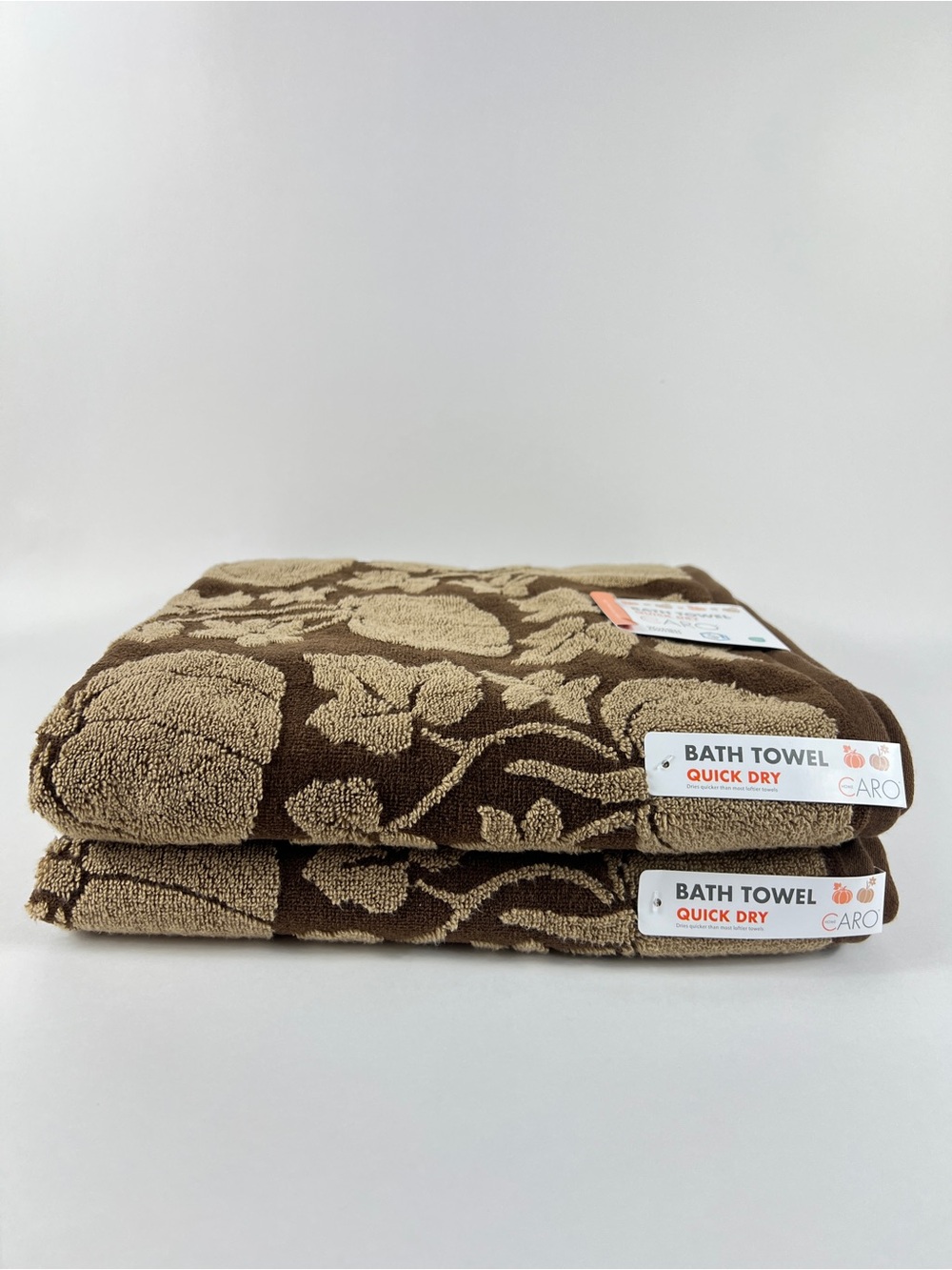 Caro Home Bath Towels Pumpkins Leaves Brown Tan Soft Cotton FALL Decor 2 Pc NEW